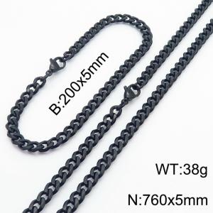 Wholesale Simple Jewelry Set 5mm Wide Cuban Chain 18k Black Plated Stainless Steel Bracelet Necklace - KS216155-Z