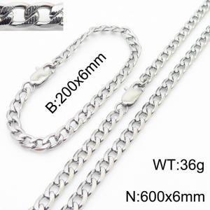 600mm Stainless Steel Set Necklace Blacelet Cuban Link Chain Silver Color - KS216351-Z