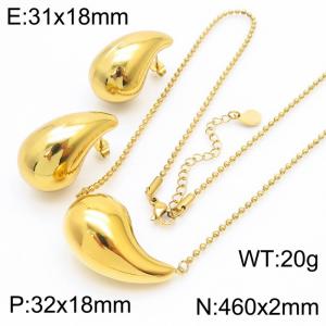Gold Color Stainless Steel Water Droplet Jewelry Sets 46cm Pendant Necklace Stud Earrings For Women - KS216469-KFC
