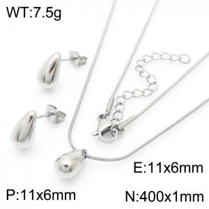 European and American fashion stainless steel snake bone chain water drop pendant temperament versatile silver necklace&earring set - KS216504-KFC