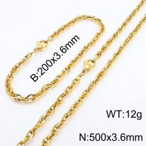 3.6mm Fashion Stainless Steel Bracelet Necklace Set  Gold - KS216762-Z
