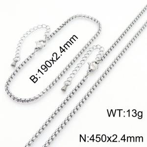 2.4mm Stainless Steel Square Pearl Chain with Tail Chain Bracelet Necklace Set of Two - KS216843-Z
