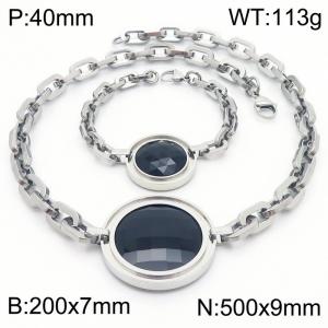 European and American stainless steel round zircon pendant women's bracelet necklace two-piece set - KS216851-Z