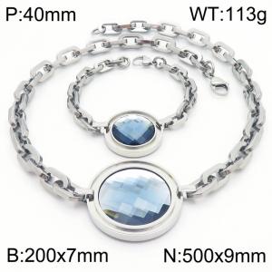 European and American stainless steel round zircon pendant women's bracelet necklace two-piece set - KS216853-Z