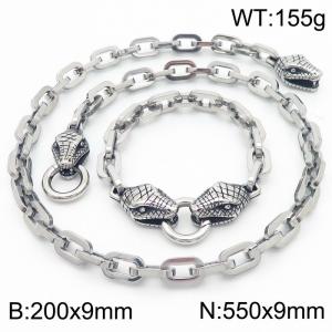 Personalized Cool Style Square Thread O-shaped Chain Snake Head Round Buckle Bracelet Necklace Set of Two - KS217052-Z