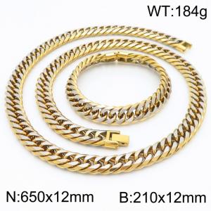 Hiphop Punk 12mm Cuban Link Chain Necklace Heavy Urban Bracelets Jewelry Set Gold Plated Stainless Steel For Men - KS217113-KFC
