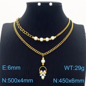 European and American fashion stainless steel double-layer mixed chain hanging geometric pearl pendant charm gold necklace&earring set - KS217158-BI