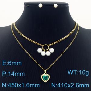 European and American fashion stainless steel double-layer mixed chain hanging heart-shaped pearl pendant charm gold necklace&earring set - KS217159-BI