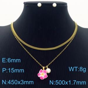 European and American fashion stainless steel double-layer mixed chain hanging flower pearl pendant charm gold necklace&earring set - KS217160-BI