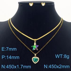 European and American fashion stainless steel double-layer mixed chain hanging heart-shaped star pendant charm gold necklace&earring set - KS217161-BI