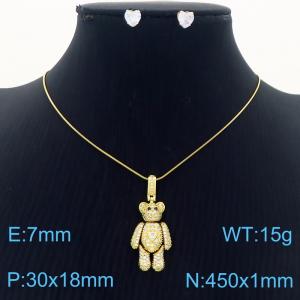 Fashionable and versatile stainless steel snake bone chain hanging creative diamond studded teddy bear earrings&necklace gold 2-piece set - KS217162-BI