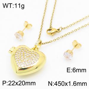 Fashionable and versatile stainless steel O-shaped chain hanging creative heart-shaped diamond earrings&necklace gold 2-piece set - KS217163-BI