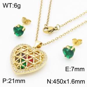 Fashionable and versatile stainless steel O-shapedchain hanging creative heart-shaped wrapped colorful diamond earrings&necklace gold 2-piece set - KS217164-BI
