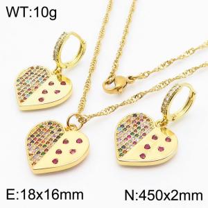 Fashionable and versatile stainless steel special chain hanging creative heart-shaped inlaid colored diamond earrings&necklace gold 2-piece set - KS217165-BI