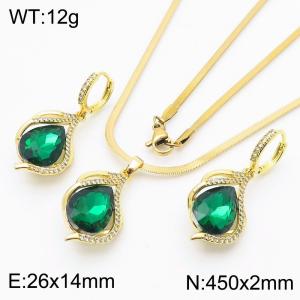 Fashionable and versatile stainless steel snake bone chain hanging creative geometric inlay green glass earrings&necklace gold 2-piece set - KS217170-BI