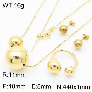 Fashionable and versatile stainless steel box chain hanging creative size round steel bead ring&earring&necklace gold 3-piece set - KS217171-BI