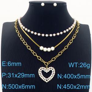 European and American fashion stainless steel three-layer mixed chain hanging heart-shaped pearl pendant charm gold necklace&earring set - KS217174-BI