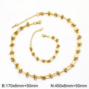 Special Stainless Steel Gold Color Knotted Links Jewelry Set for Women Simple Charm Bracelet Necklace - KS217215-Z