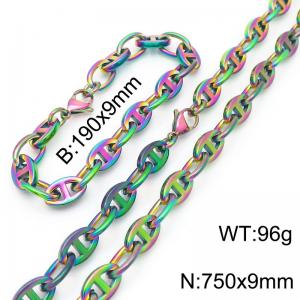 Stainless steel pig nose Japanese character chain bracelet necklace set - KS217713-Z