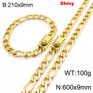 210x9mm Bracelet 600x9mm Necklace Gold Color Stainless Steel Shiny 3：1 NK Chain Jewelry Sets For Women Men - KS219161-Z