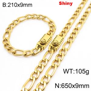 210x9mm Bracelet 650x9mm Necklace Gold Color Stainless Steel Shiny 3：1 NK Chain Jewelry Sets For Women Men - KS219162-Z