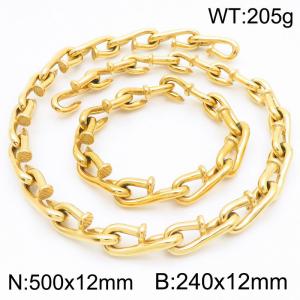12mm Nail Chain Stainless Steel Lifting Hook Bracelets Necklaces 18k Gold Plated Jewelry Set - KS220105-KJX