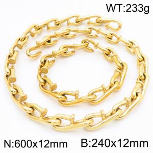 12mm Nail Chain Stainless Steel Lifting Hook Bracelets Necklaces 18k Gold Plated Jewelry Set - KS220106-KJX
