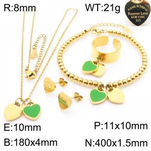 European and American fashion stainless steel green double heart-shaped charm gold rings&earrings&bracelets&necklaces 4-piece set - KS220114-KLX