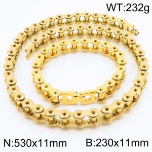 11MM Wide Punk Stainless Steel Bicycle Chain Jewelry Set Gold Color Men's Charm Bracelet Necklace - KS220487-KFC