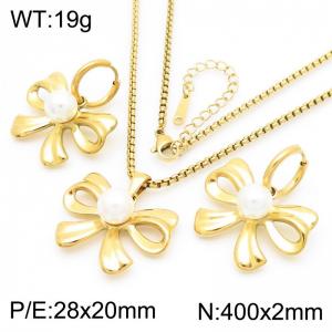 European and American fashion personality stainless steel 400 × 2mm square pearl chain hanging inlaid with pearl bow pendant charm gold earrings&necklace set - KS220645-KFC