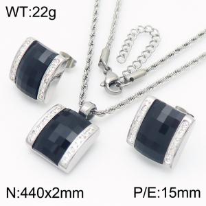 Black crystal glass Square Diamond Pendant Steel Stainless Steel Necklace Earnail Set - KS221276-GC