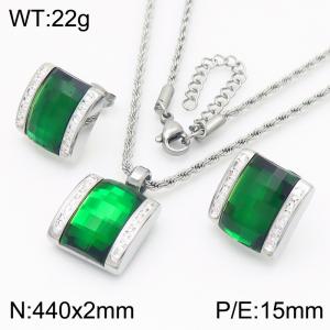 Green crystal glass Square Diamond Pendant Steel Stainless Steel Necklace Earnail Set - KS221277-GC