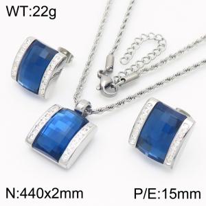 Blue crystal glass Square Diamond Pendant Steel Stainless Steel Necklace Earnail Set - KS221278-GC