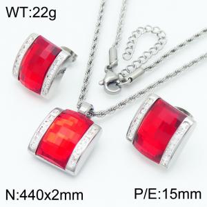 Red crystal glass Square Diamond Pendant Steel Stainless Steel Necklace Earnail Set - KS221279-GC