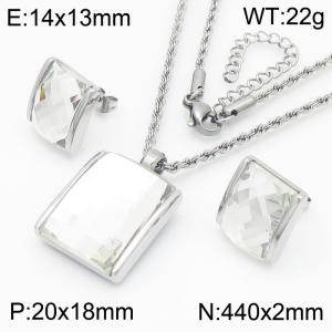 White crystal glass Square Pendant Steel Stainless Steel Necklace Earnail Set - KS221280-GC