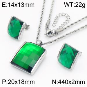 Green crystal glass Square Pendant Steel Stainless Steel Necklace Earnail Set - KS221281-GC