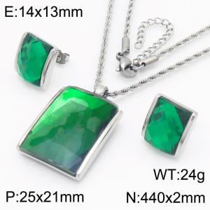 Green crystal glass Square Pendant Steel Stainless Steel Necklace Earnail Set - KS221283-GC