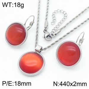 18mm Female Stainless Steel Red Gemstone Silver Jewelry Set - KS221297-GC