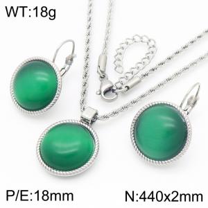 18mm Female Stainless Steel Green Gemstone Silver Jewelry Set - KS221300-GC