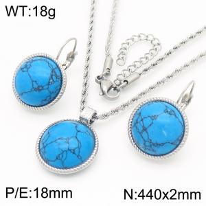 18mm Women's Stainless Steel Blue Patterned Gemstone Silver Jewelry Set - KS221301-GC