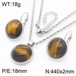 18mm Women's Stainless Steel Brown Pattern Gemstone Silver Jewelry Set - KS221308-GC