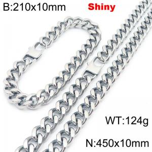 Fashionable and minimalist stainless steel Cuban chain 10mm denim buckle polished bracelet necklace two-piece set - KS222035-Z