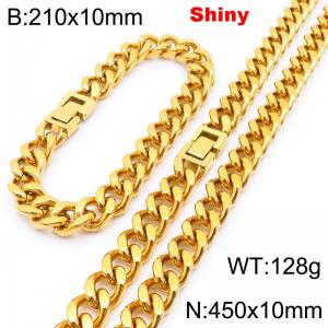 Fashionable and minimalist stainless steel gold-plated Cuban chain 10mm jewelry buckle polished bracelet necklace two-piece set - KS222042-Z