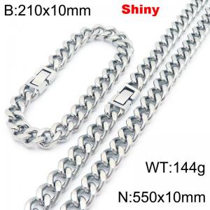 Fashionable and minimalist stainless steel Cuban chain 10mm jewelry buckle polished bracelet necklace two-piece set - KS222051-Z