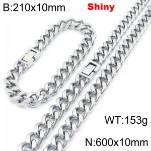 Fashionable and minimalist stainless steel Cuban chain 10mm jewelry buckle polished bracelet necklace two-piece set - KS222052-Z