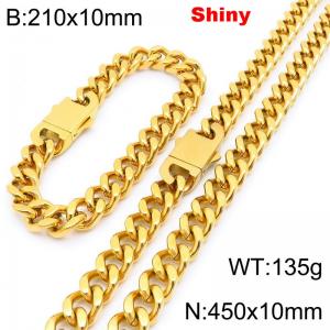 Fashionable and minimalist stainless steel gold-plated Cuban chain 10mm double ear buckle polished bracelet necklace two-piece set - KS222056-Z