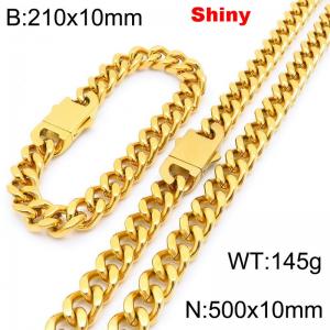 Fashionable and minimalist stainless steel gold-plated Cuban chain 10mm double ear buckle polished bracelet necklace two-piece set - KS222057-Z