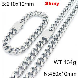 Fashionable and minimalist stainless steel Cuban chain 10mm double ear buckle polished bracelet necklace two-piece set - KS222063-Z