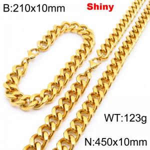 Fashionable and minimalist stainless steel gold-plated Cuban chain 10mm lobster buckle polished bracelet necklace two-piece set - KS222070-Z