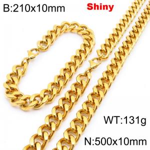 Fashionable and minimalist stainless steel gold-plated Cuban chain 10mm lobster buckle polished bracelet necklace two-piece set - KS222071-Z